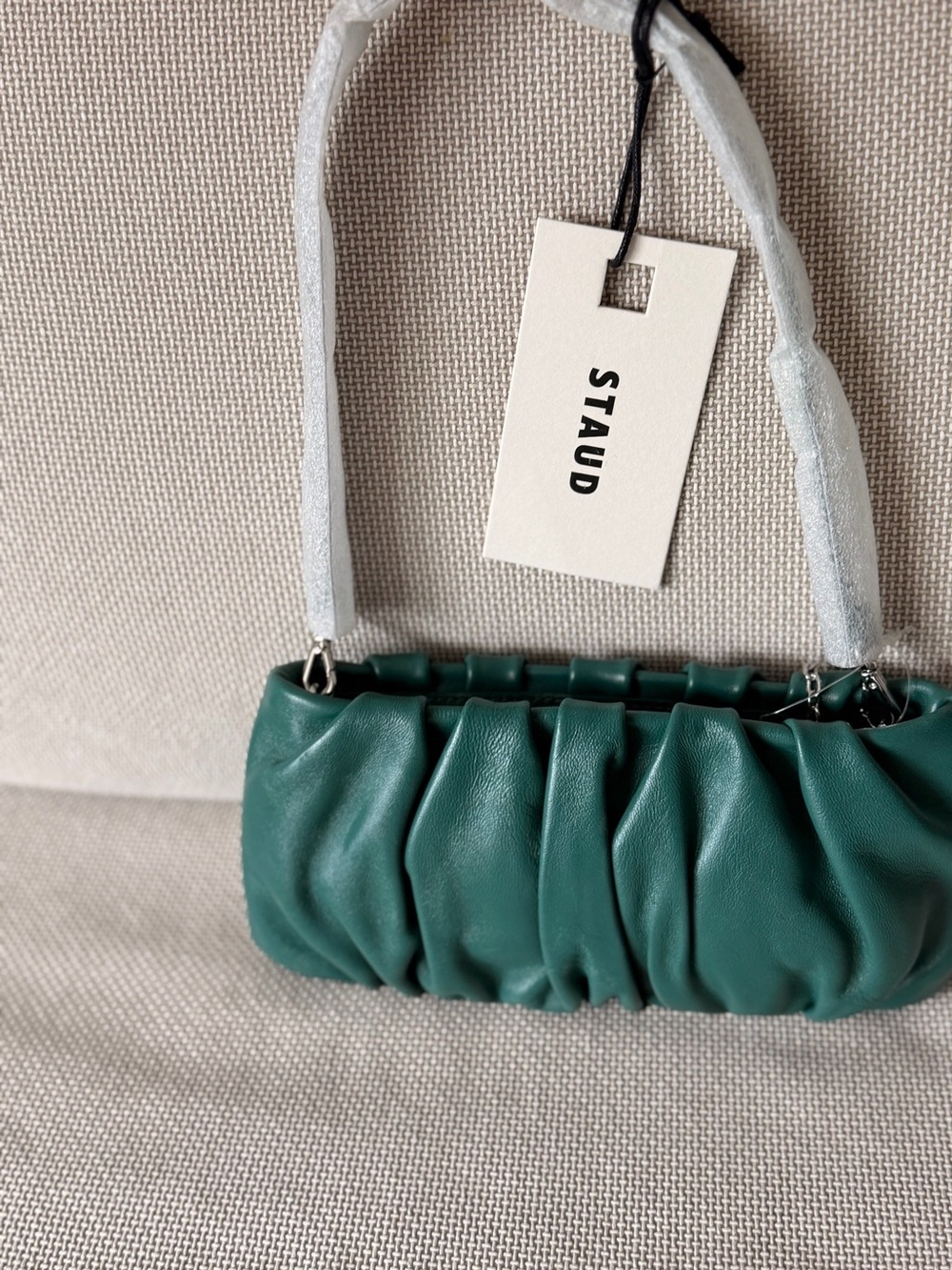 STAUD Emerald Green Ruched Leather Mini Shoulder Bag
